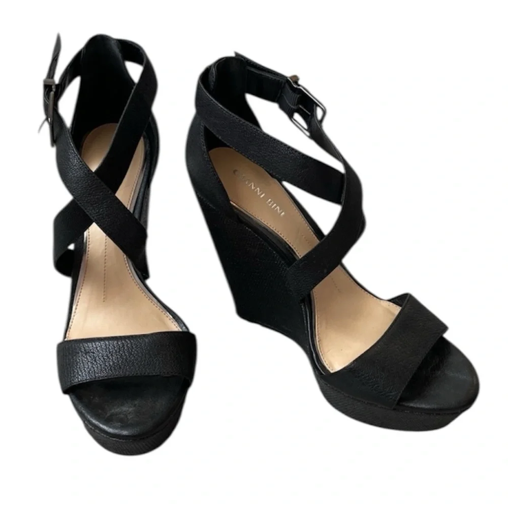 Gianni Bini Black Ankle Strap Wedge Sandals - Picture 2 of 16